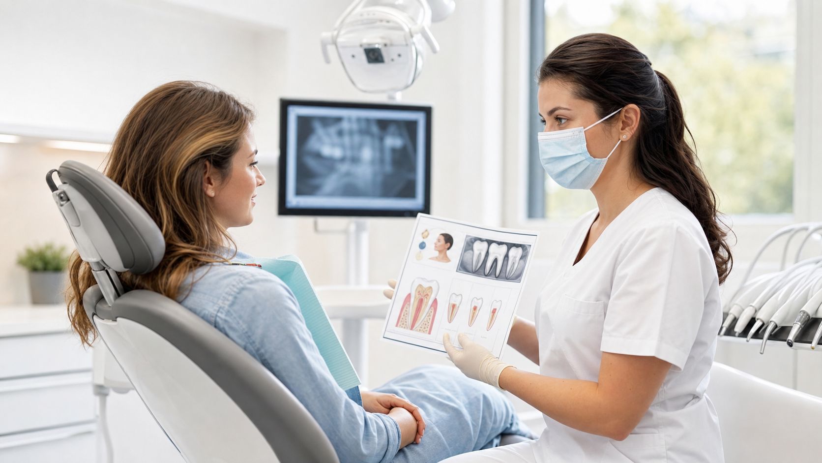 A dentist wearing a mask explains root canal procedure steps to a patient in an exam chair.