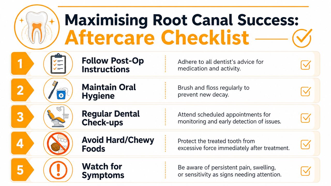 An infographic checklist outlining five essential tips for maintaining oral health after a root canal procedure.