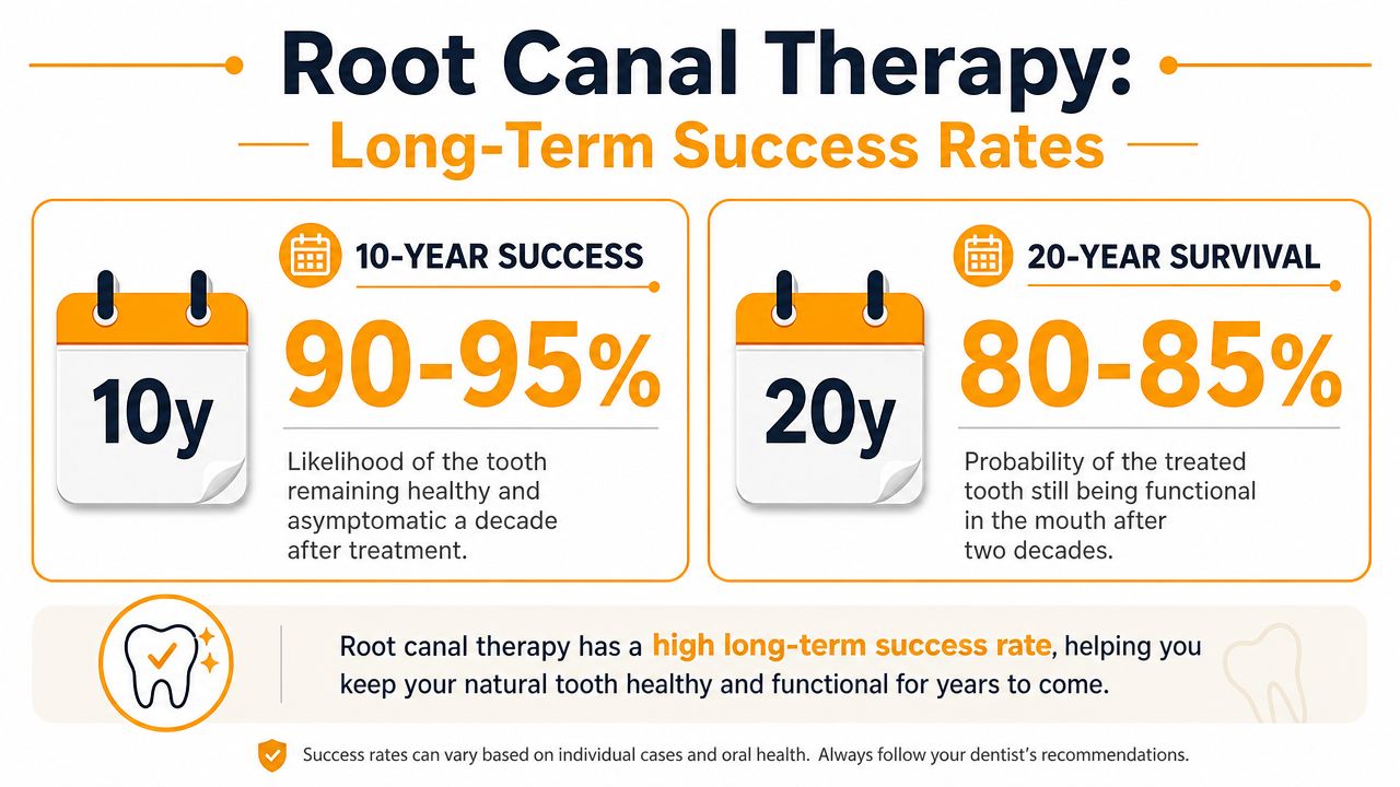 An infographic showing 90-95 percent ten-year and 80-85 percent twenty-year success rates for root canal therapy.