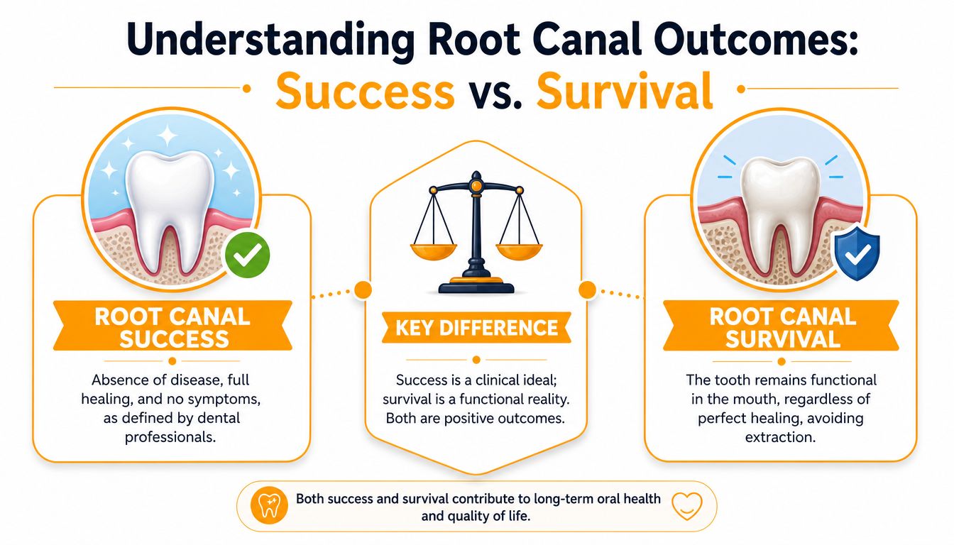 A dental infographic comparing root canal success as full healing and survival as functional tooth retention.