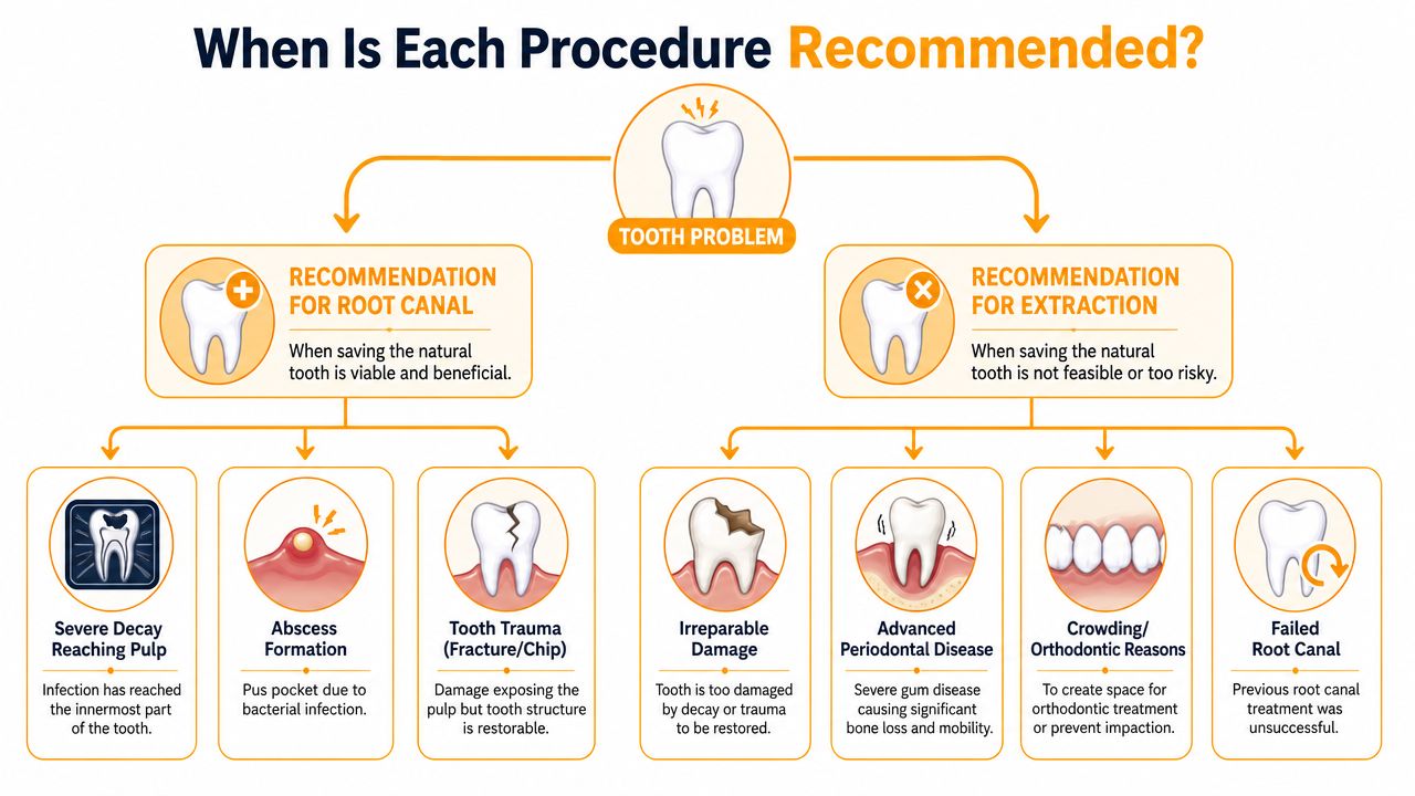 A flowchart comparing dental procedures, showing when a root canal is recommended versus when tooth extraction is necessary.