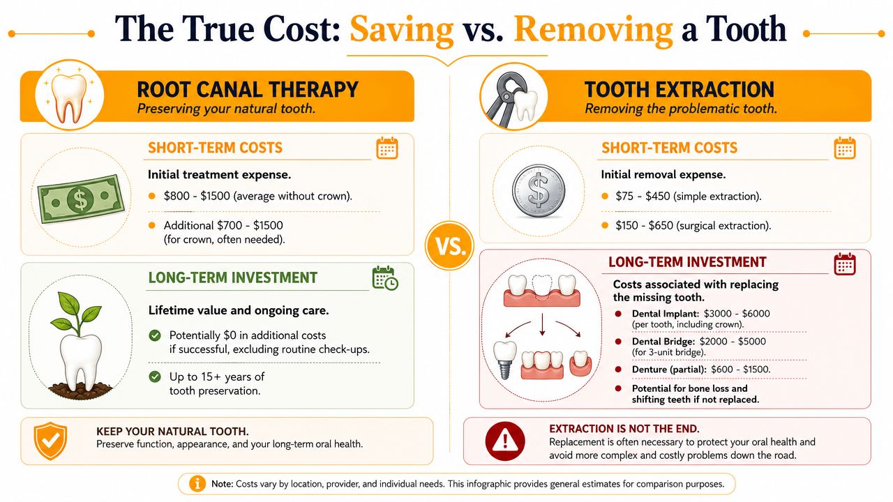 An infographic comparing the costs and long-term implications of choosing root canal therapy versus tooth extraction.