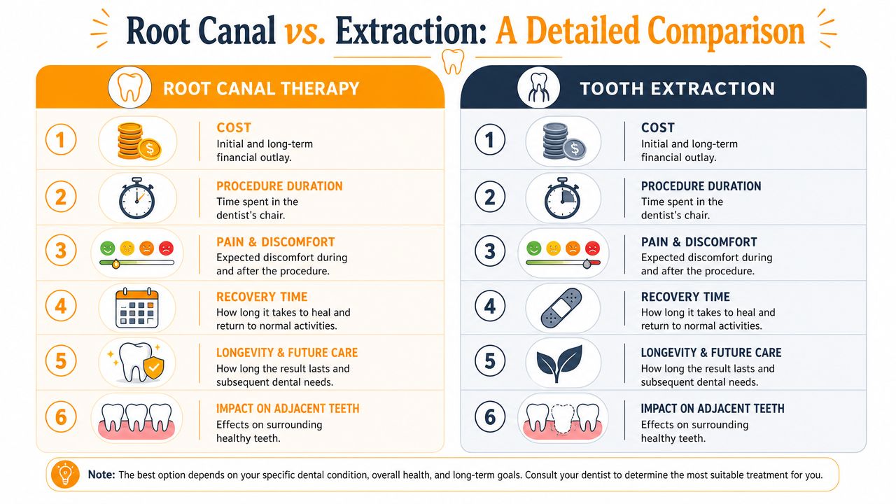 A comparison infographic detailing the differences between root canal therapy and tooth extraction procedures for dental patients.