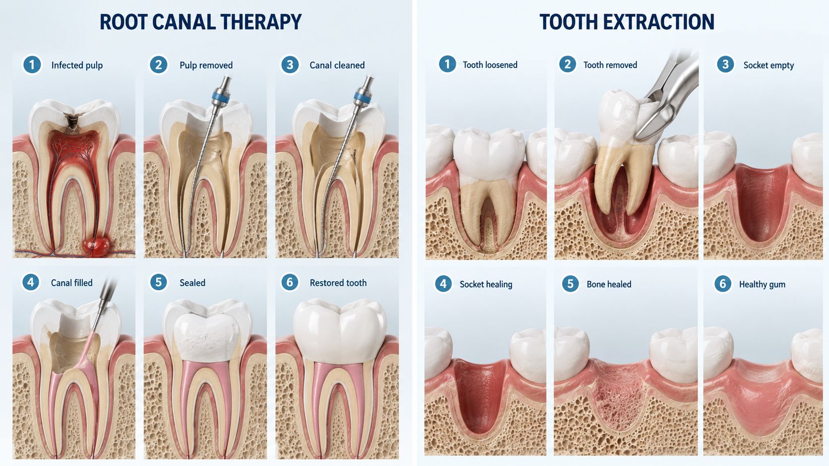 An infographic comparing the step-by-step procedures of root canal therapy versus a standard dental tooth extraction.