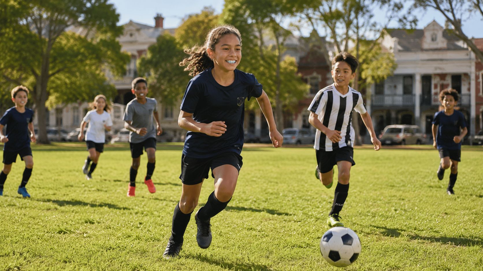 A diverse group of happy children playing soccer together on a sunny outdoor grass field.