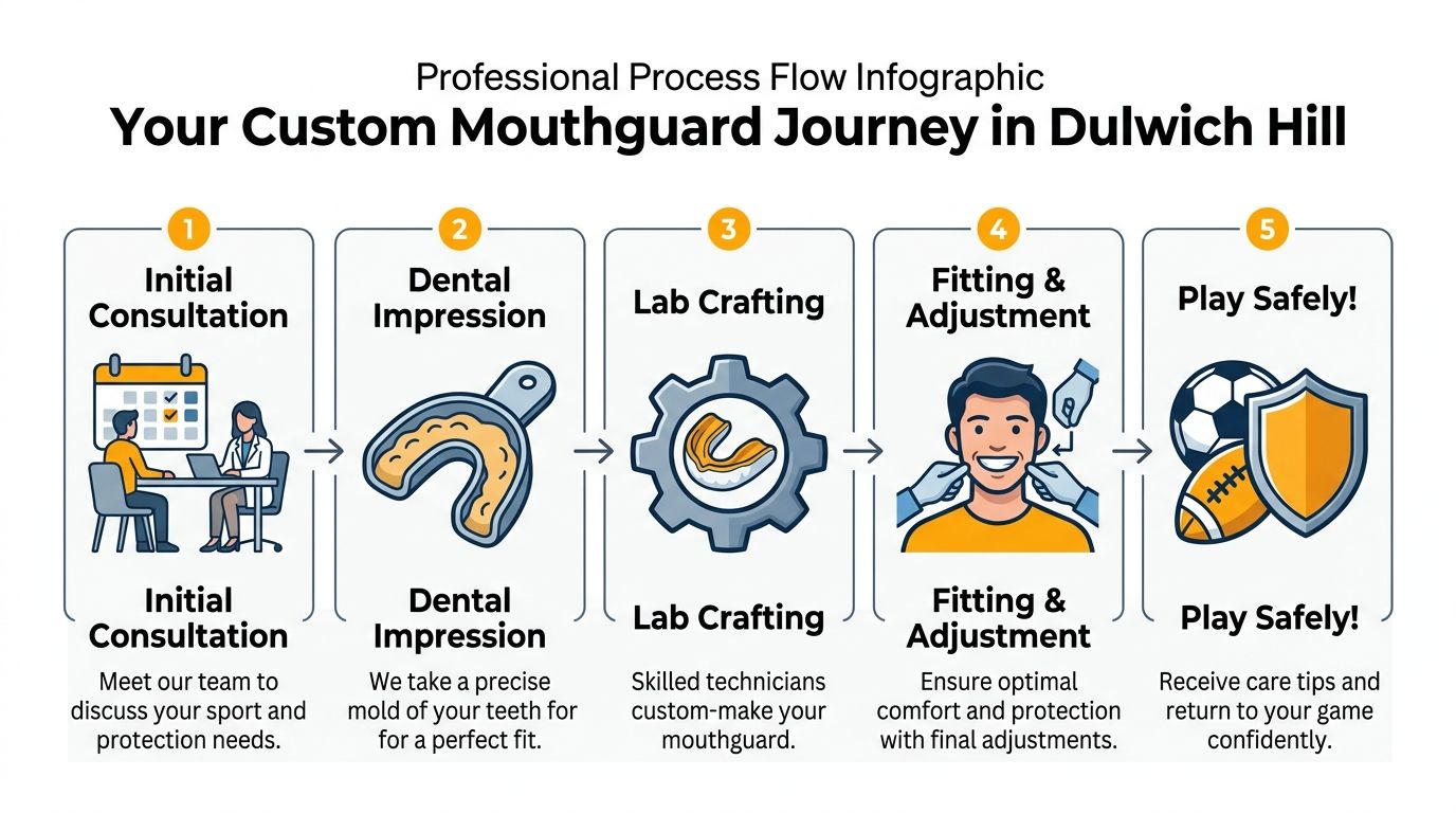A professional infographic illustrating the five-step process for getting a custom sports mouthguard in Dulwich Hill.