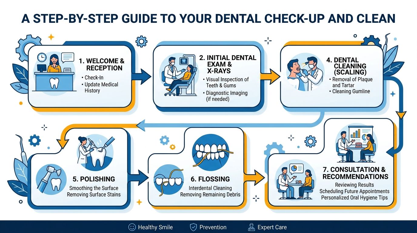 An infographic detailing the seven step-by-step process of a professional dental check-up and teeth cleaning procedure.