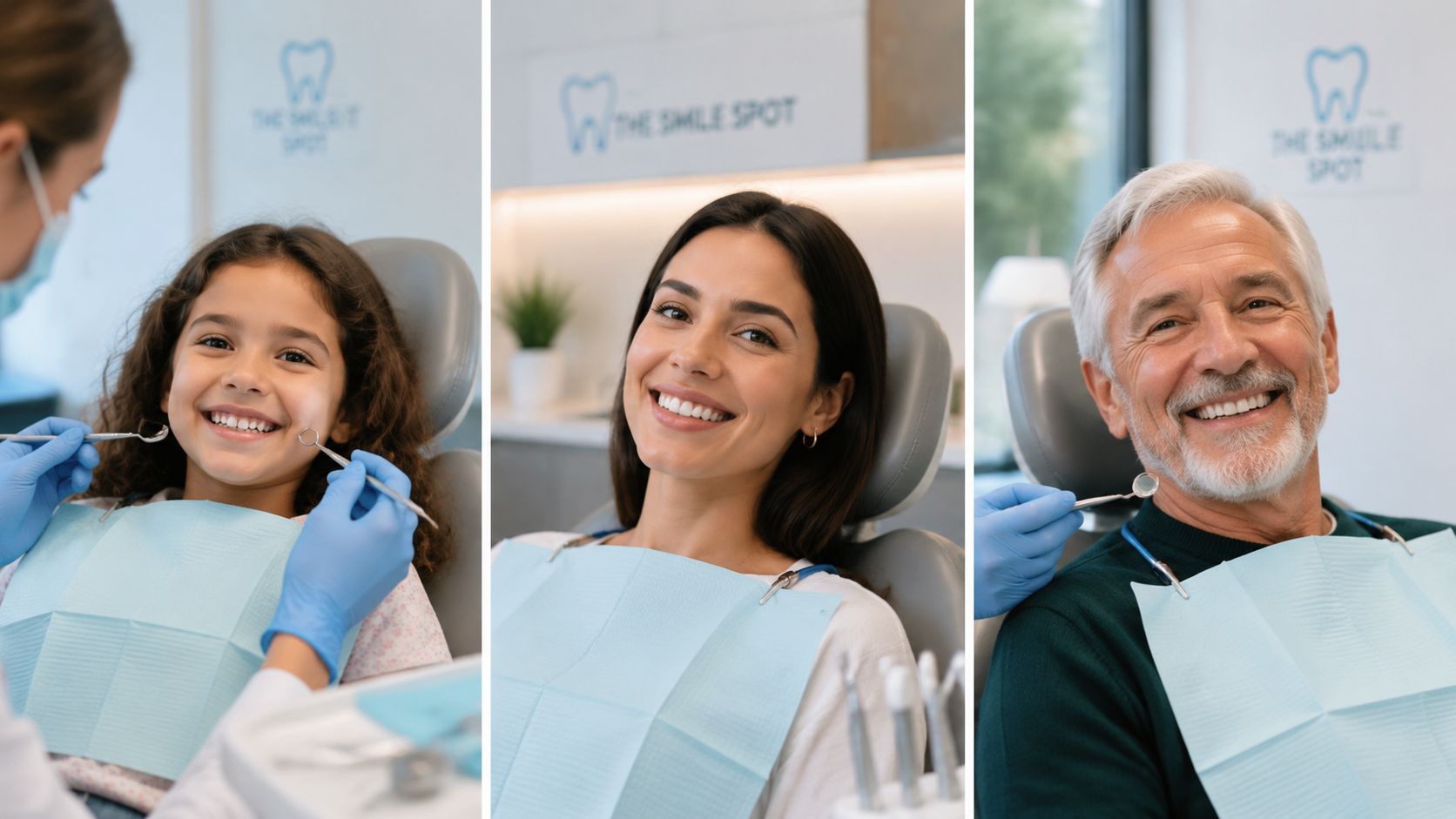 A collage showing a young child, a woman, and an elderly man smiling at a dental clinic.