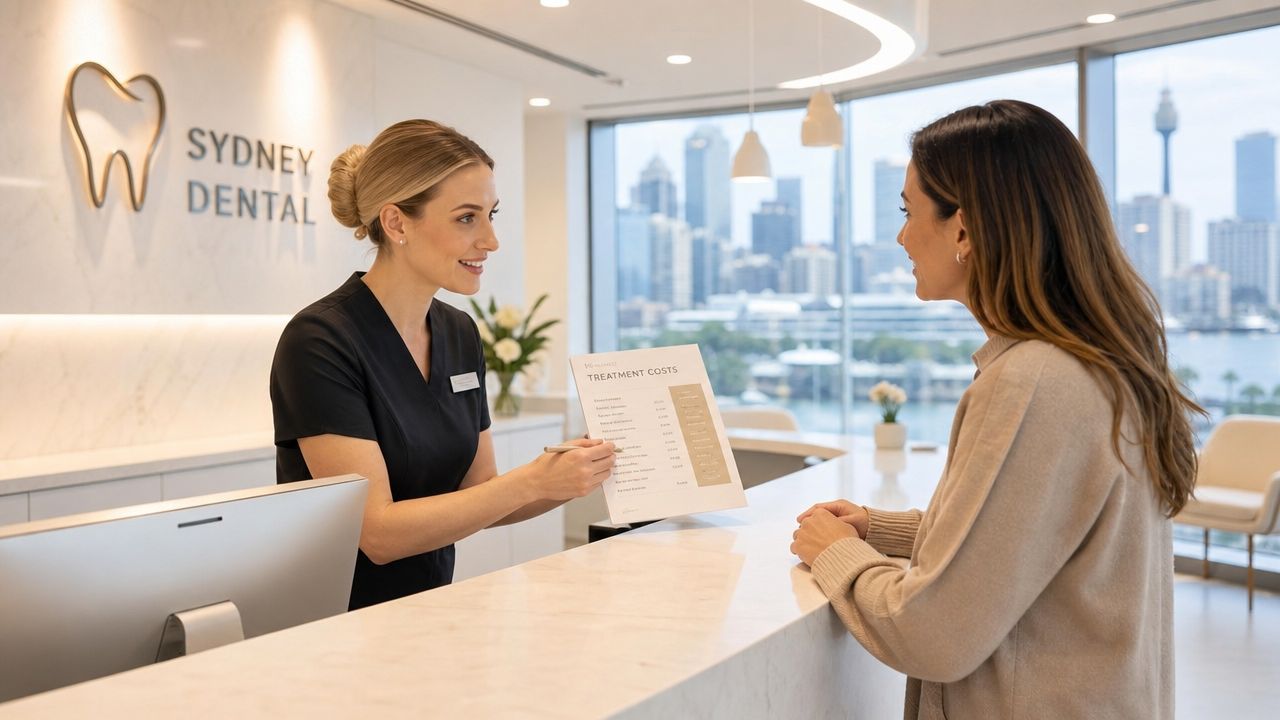 A smiling dental receptionist explains treatment costs to a patient at the Sydney Dental clinic reception desk.