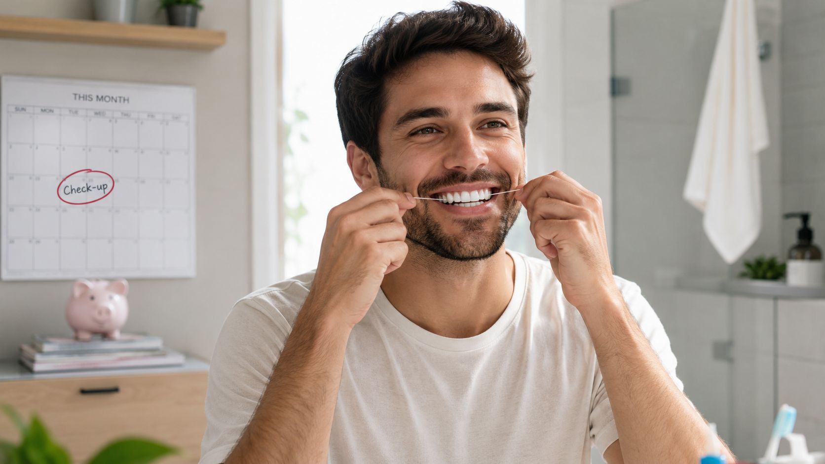 A smiling young man flossing his teeth in a bright and clean modern bathroom setting.