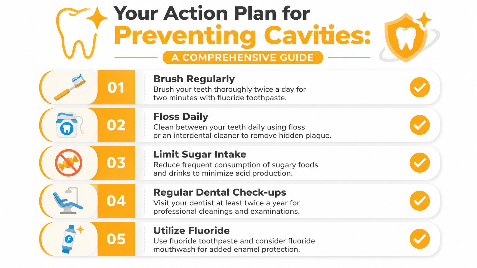 An infographic titled Your Action Plan for Preventing Cavities showing five numbered steps for maintaining dental hygiene.