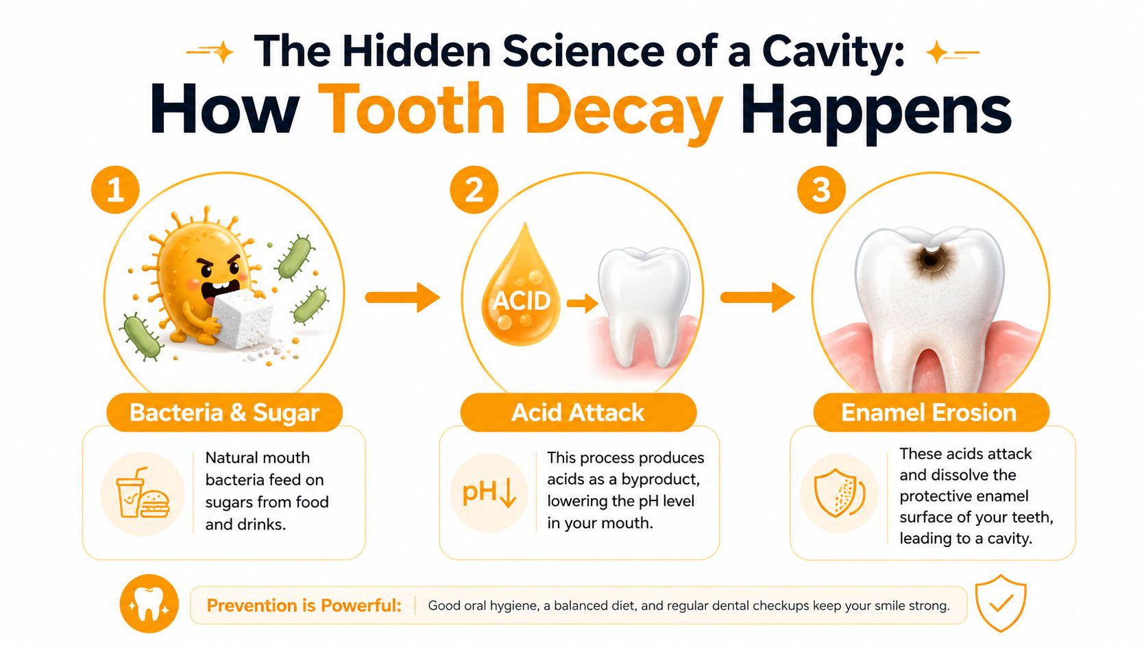 An infographic showing the three steps of tooth decay: bacteria feeding on sugar, acid production, and enamel erosion.