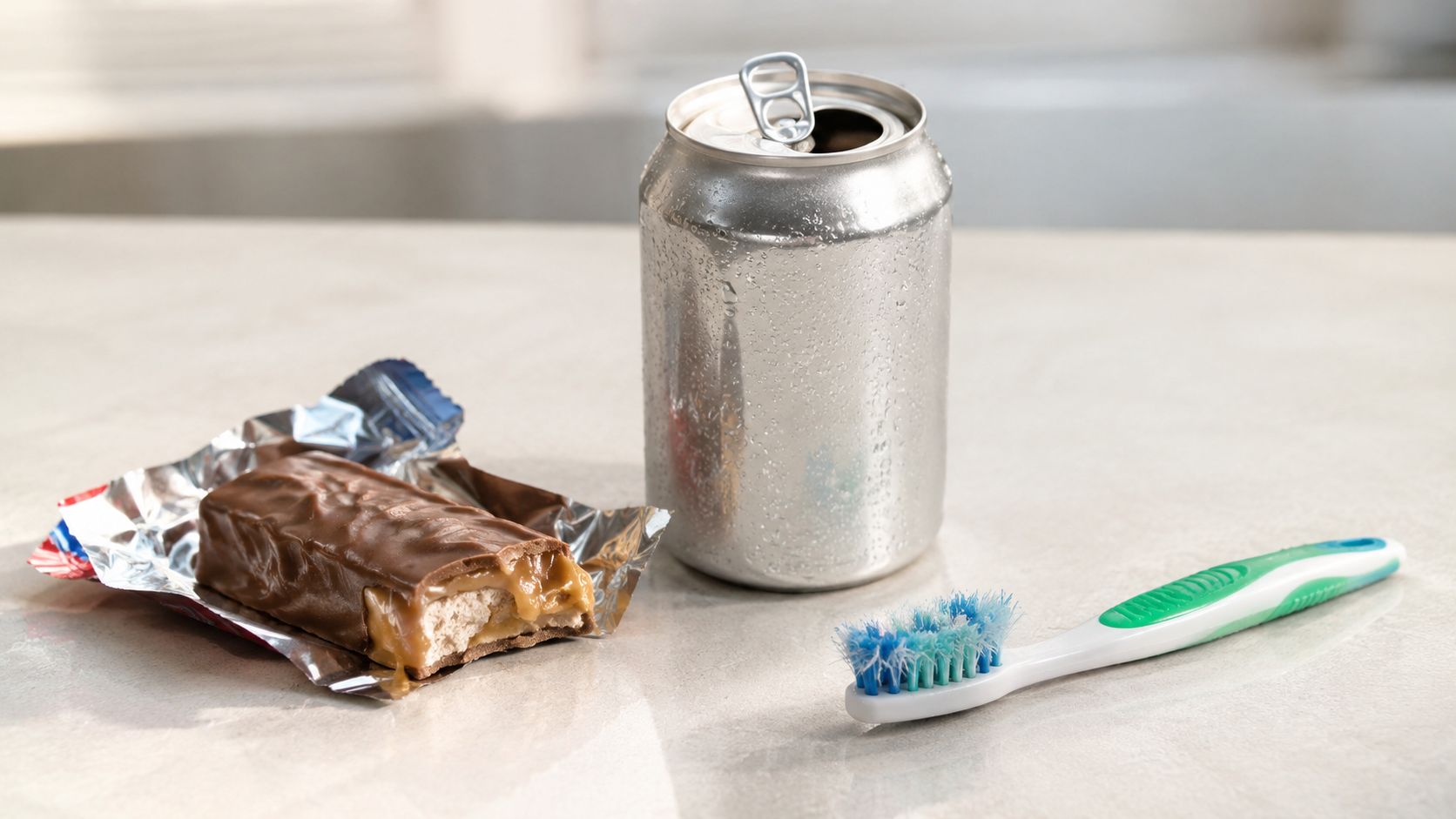 A chocolate bar and a soda can placed next to a toothbrush on a table.