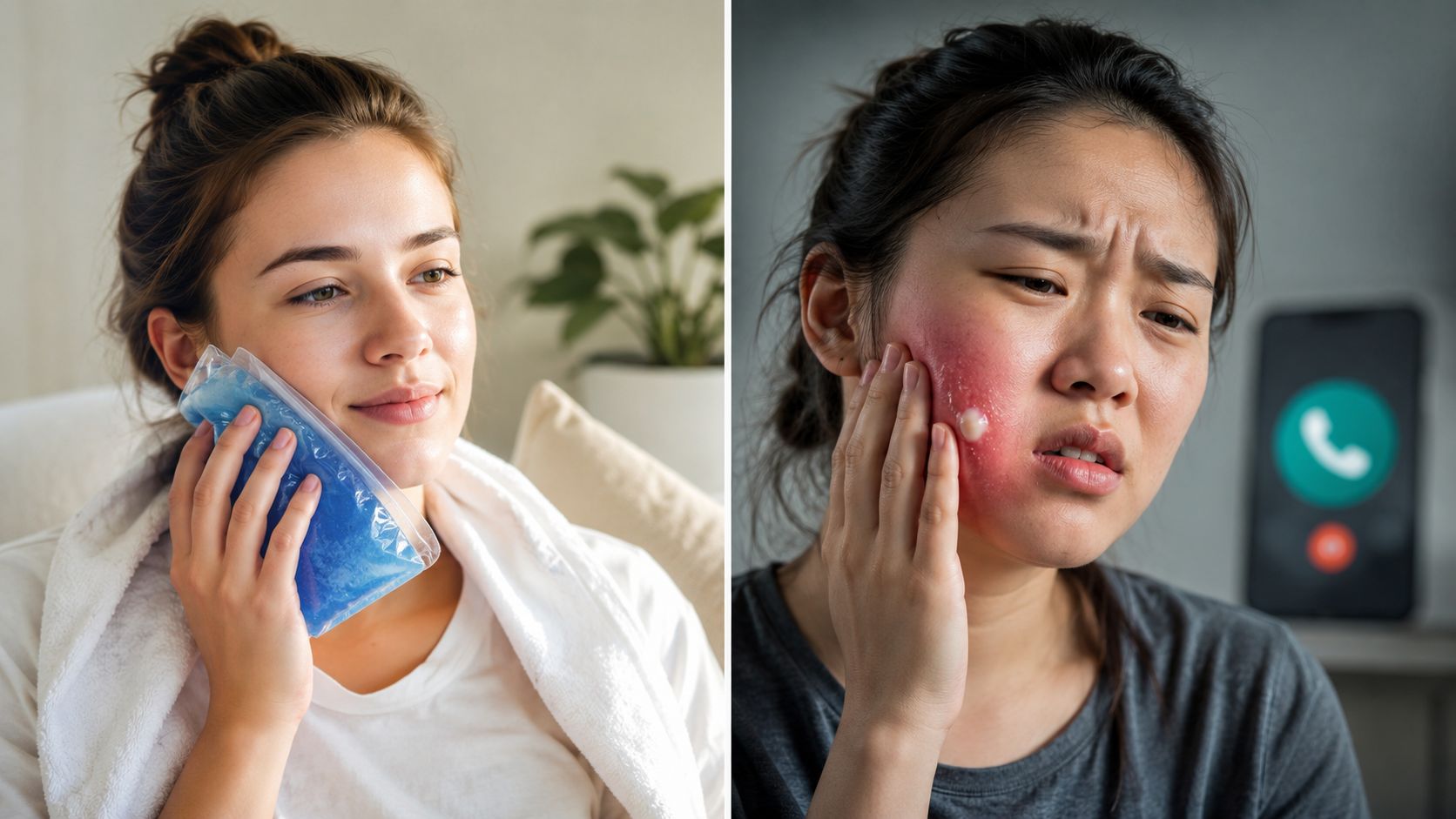 A split screen comparing a woman using a cold compress and a woman experiencing facial swelling.