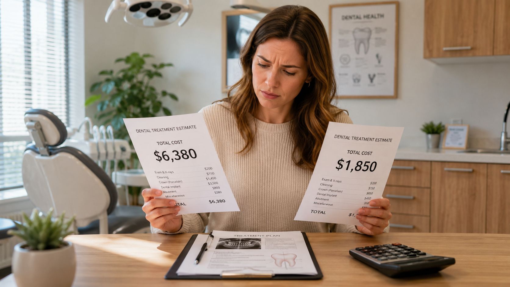 A concerned woman in a dental office comparing two different dental treatment estimate cost papers.