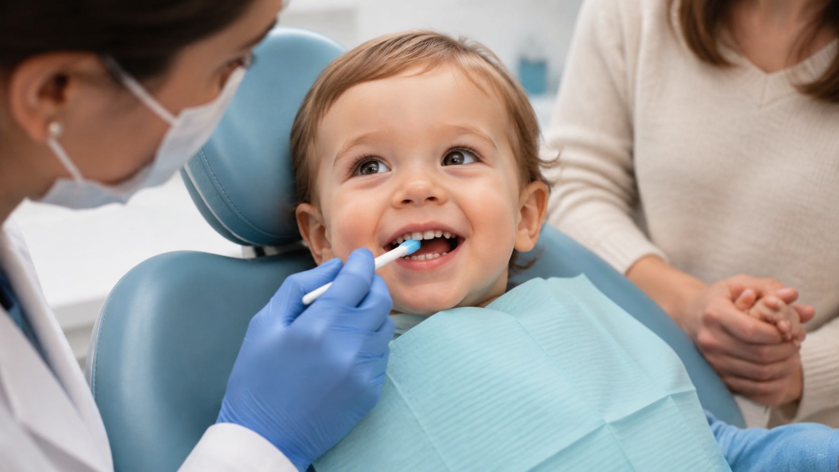 A friendly dentist wearing blue gloves performs a gentle checkup on a happy toddler in a dental chair.