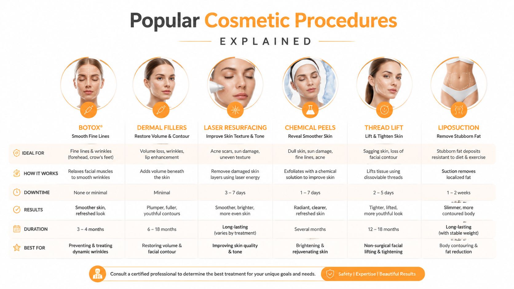 An infographic showing a comparison of six popular cosmetic procedures including Botox, dermal fillers, and liposuction.