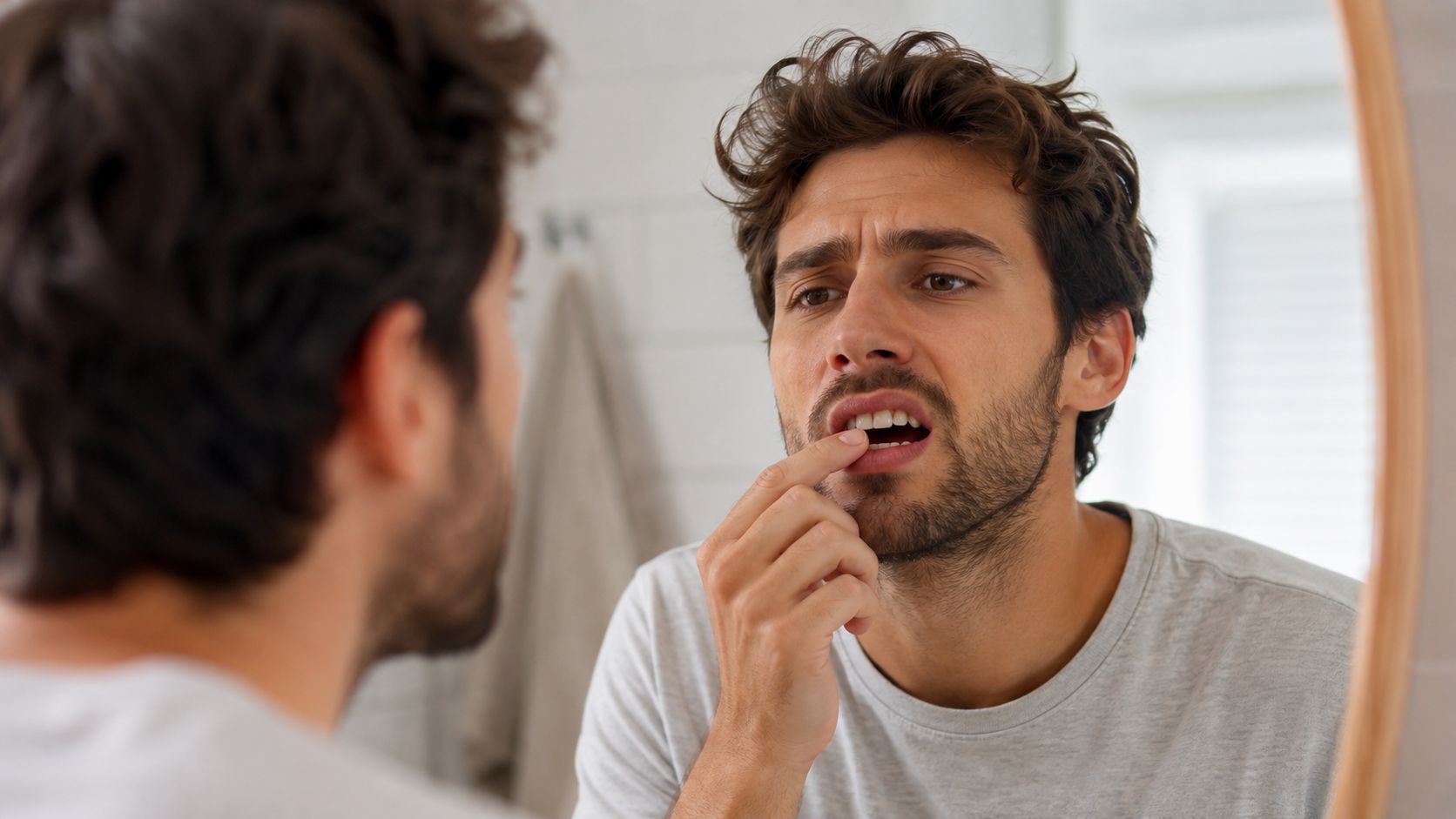 A young man looking in the bathroom mirror while examining his teeth with his index finger.