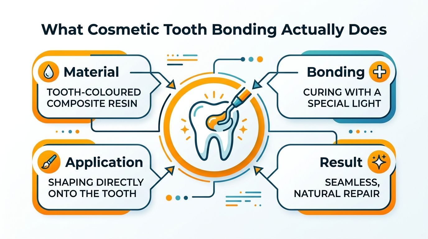 An infographic titled What Cosmetic Tooth Bonding Actually Does, explaining material, application, bonding, and result steps.