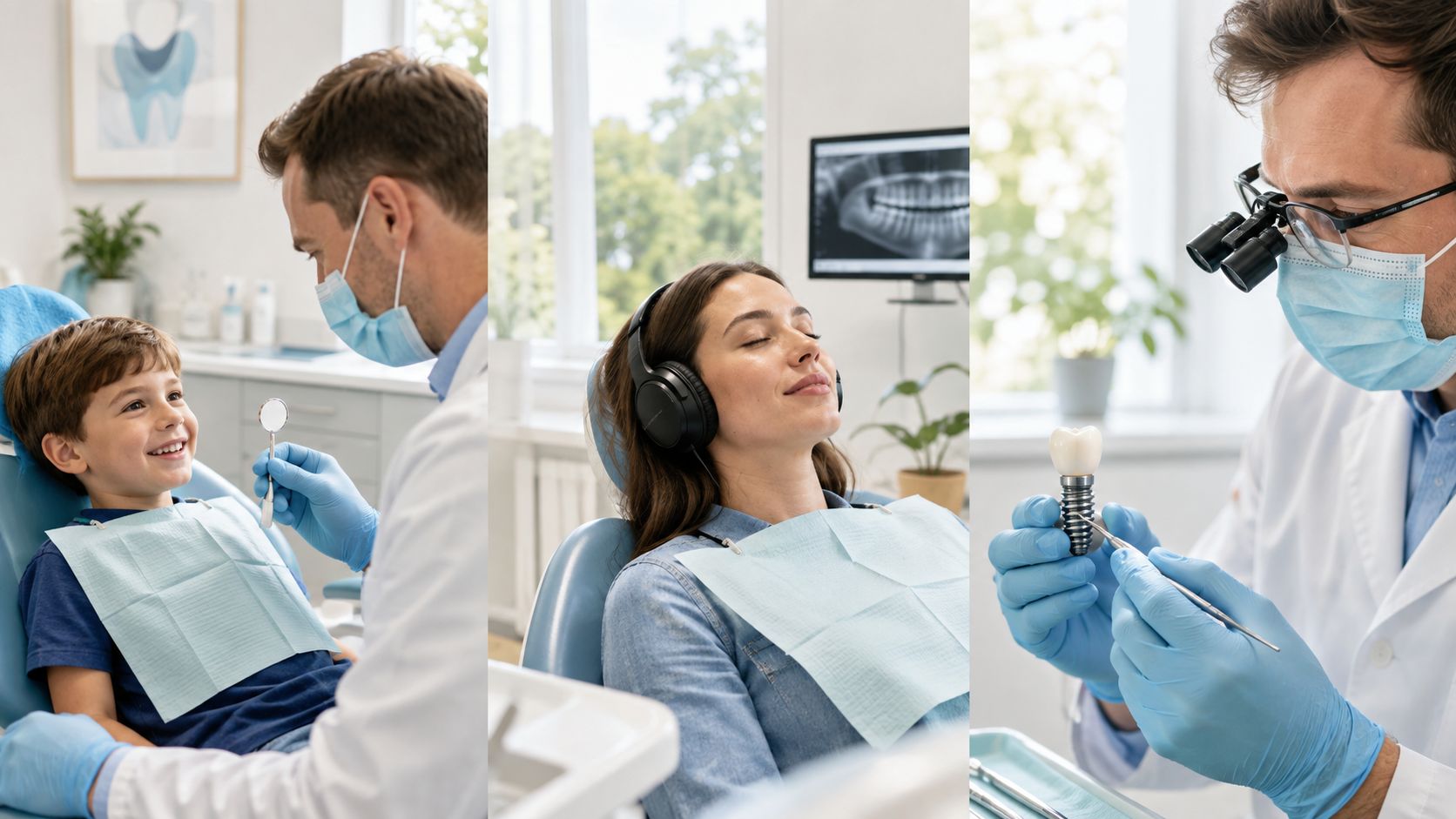 A professional dentist providing dental clean and check-up services to a young boy and a female patient.