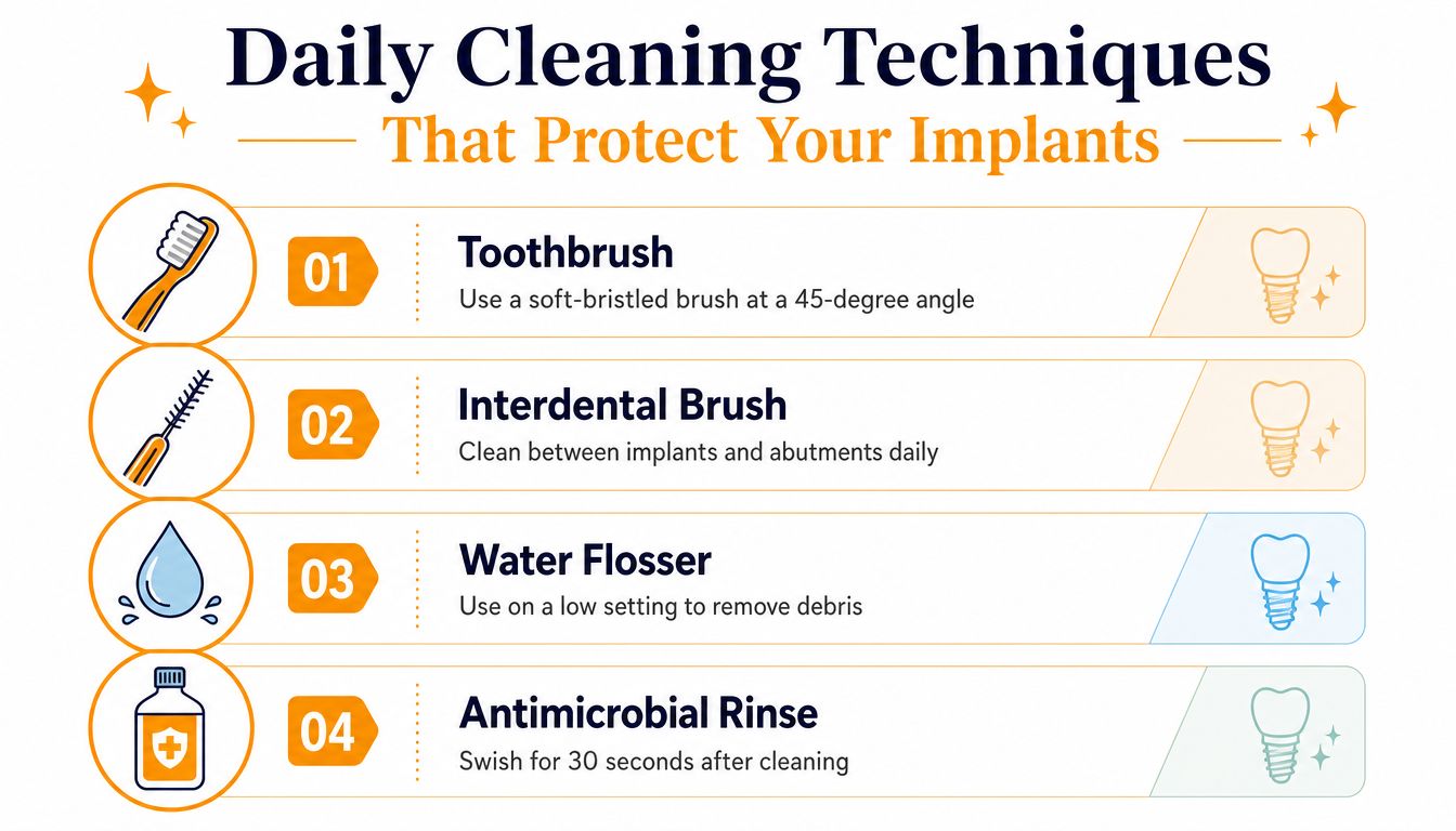 An infographic showing four essential daily cleaning techniques for maintaining and protecting dental implants properly.