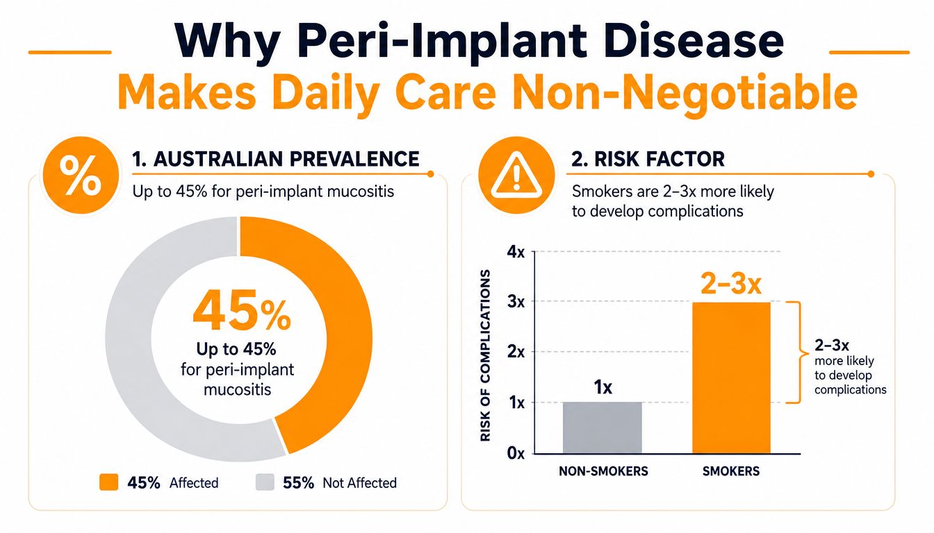 An infographic detailing the prevalence of peri-implant mucositis and the increased complication risks for dental implant smokers.