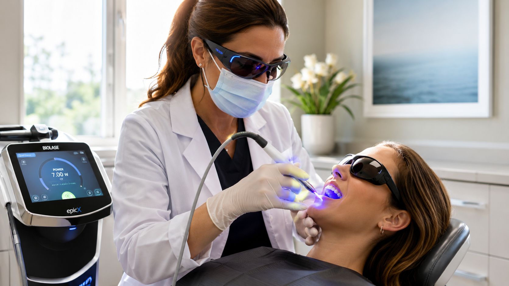 A professional dentist using a Biolase laser tool to perform a procedure on a patient in a clinic.
