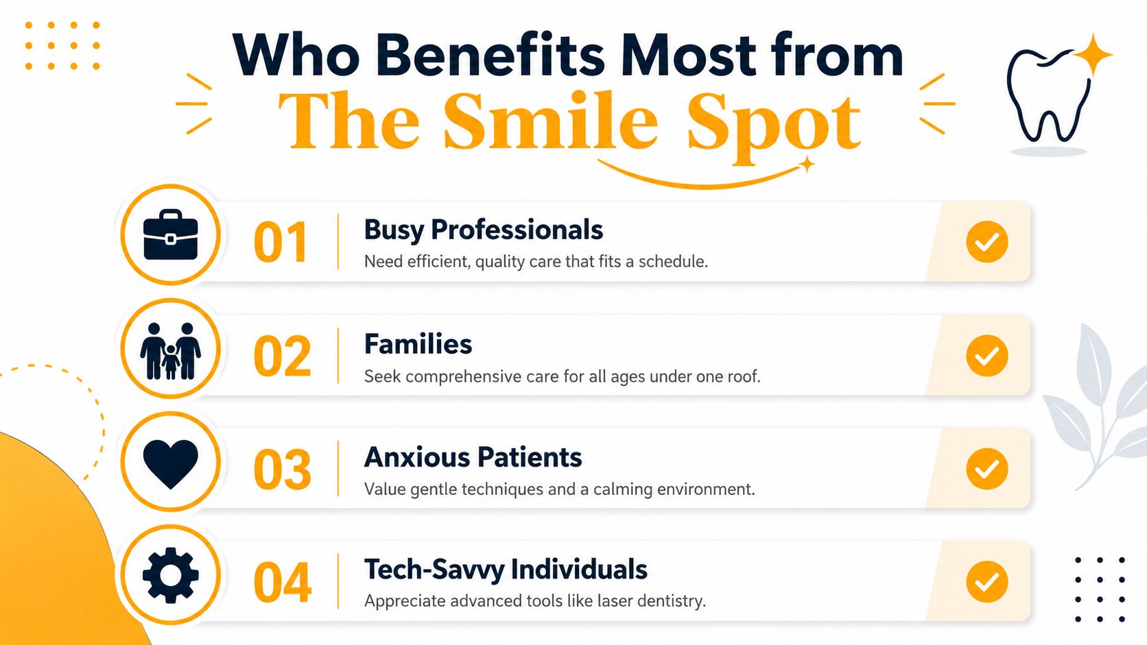 An infographic list showing four target groups who benefit from The Smile Spot dental services.