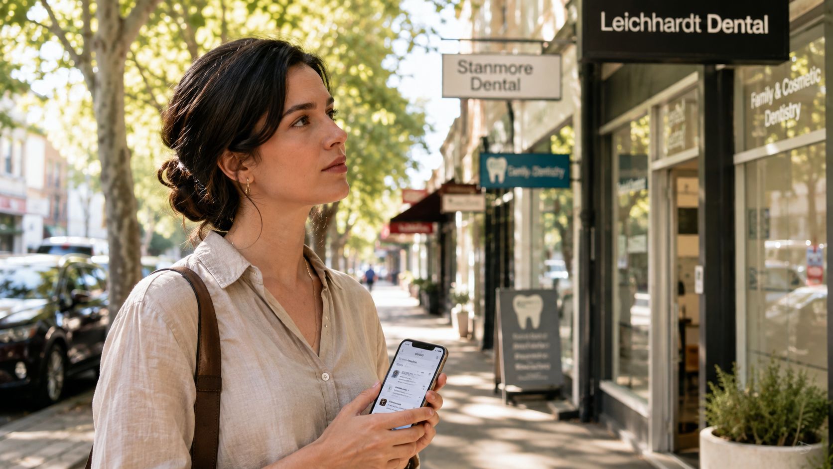 A young woman checks her mobile phone while standing on a sunny street near a dental clinic.