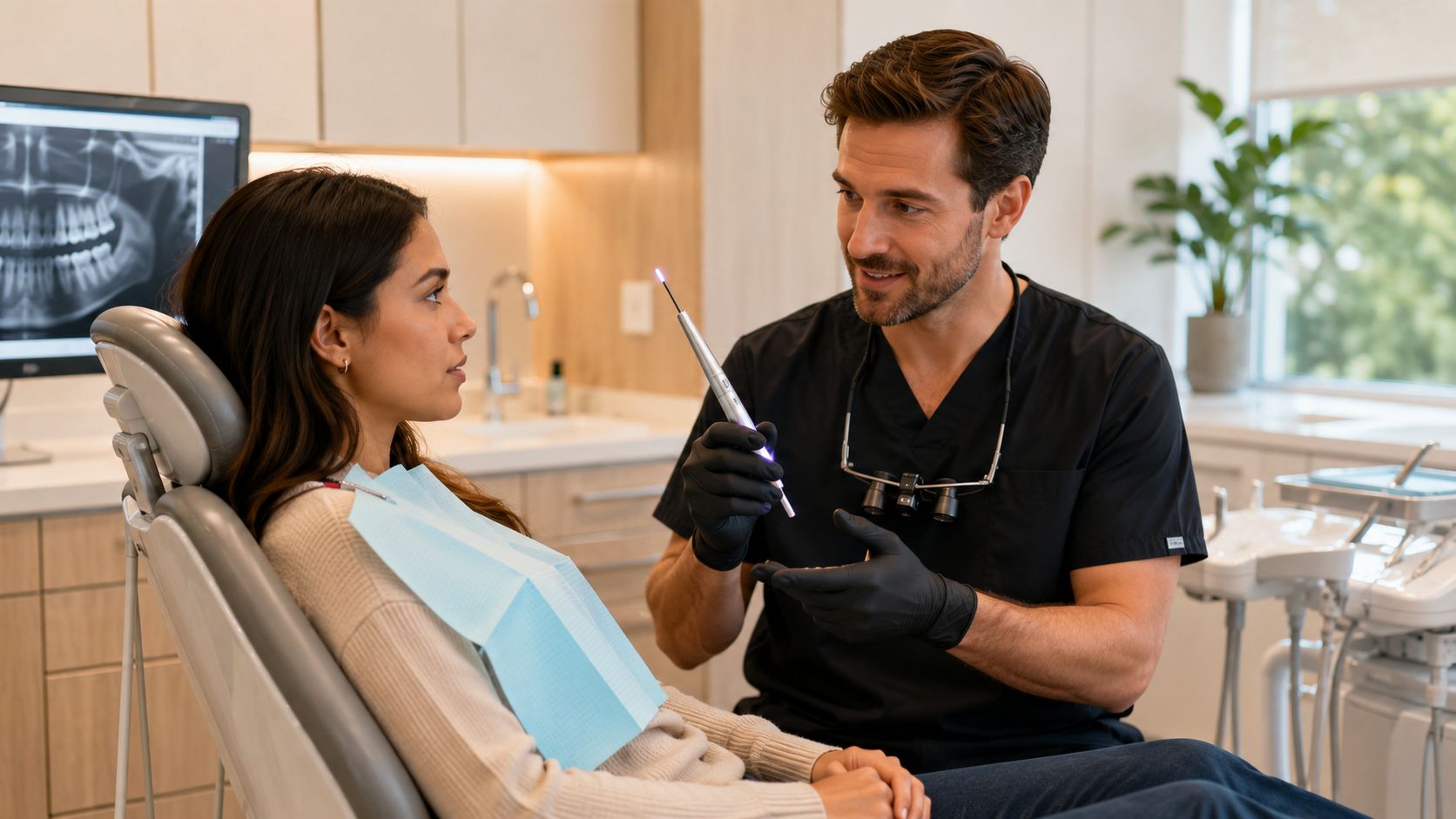 A professional male dentist holding a dental laser tool while consulting with a female patient in office.