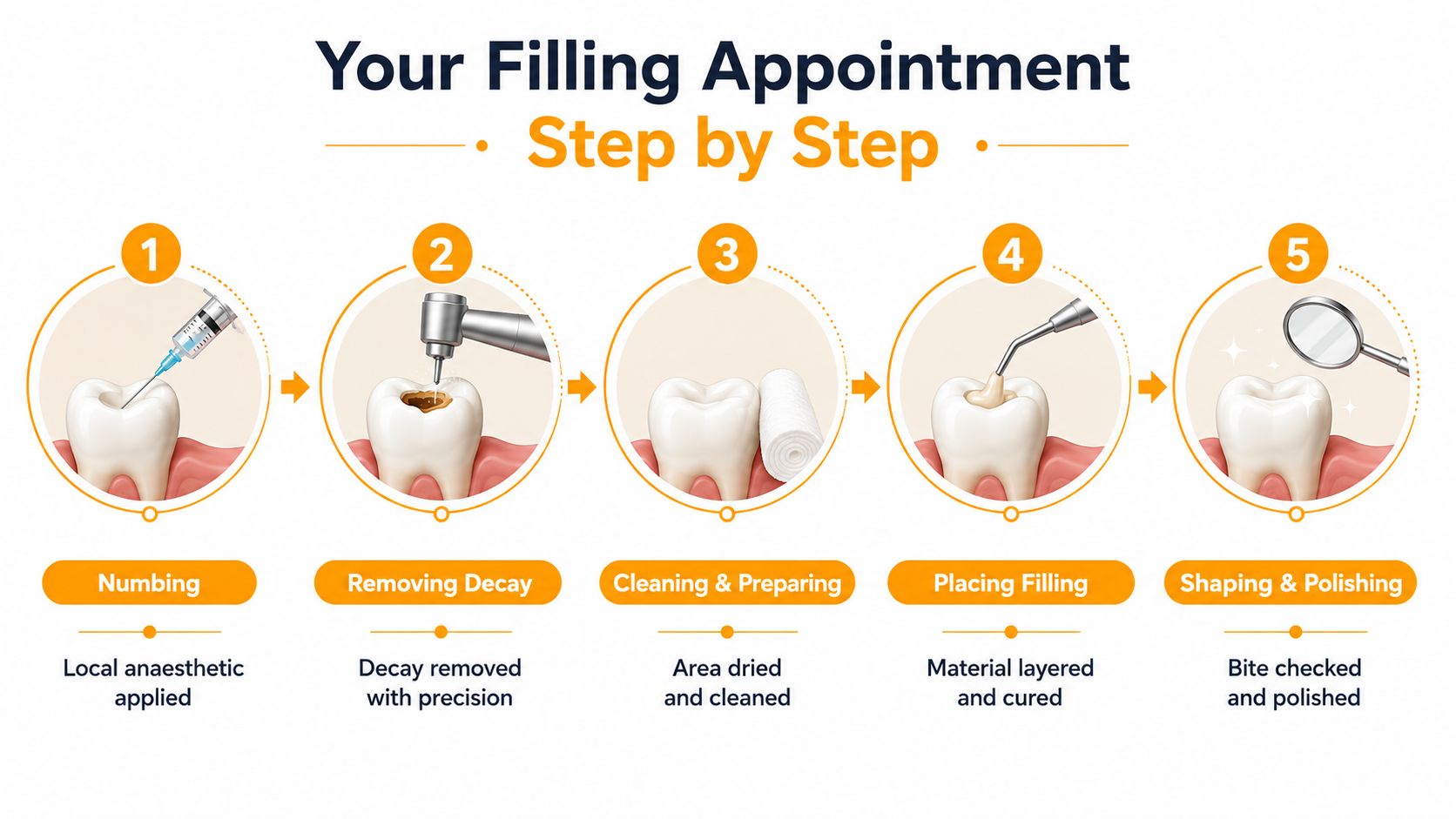 A step-by-step infographic illustrating the five stages of a professional dental filling procedure for patients.