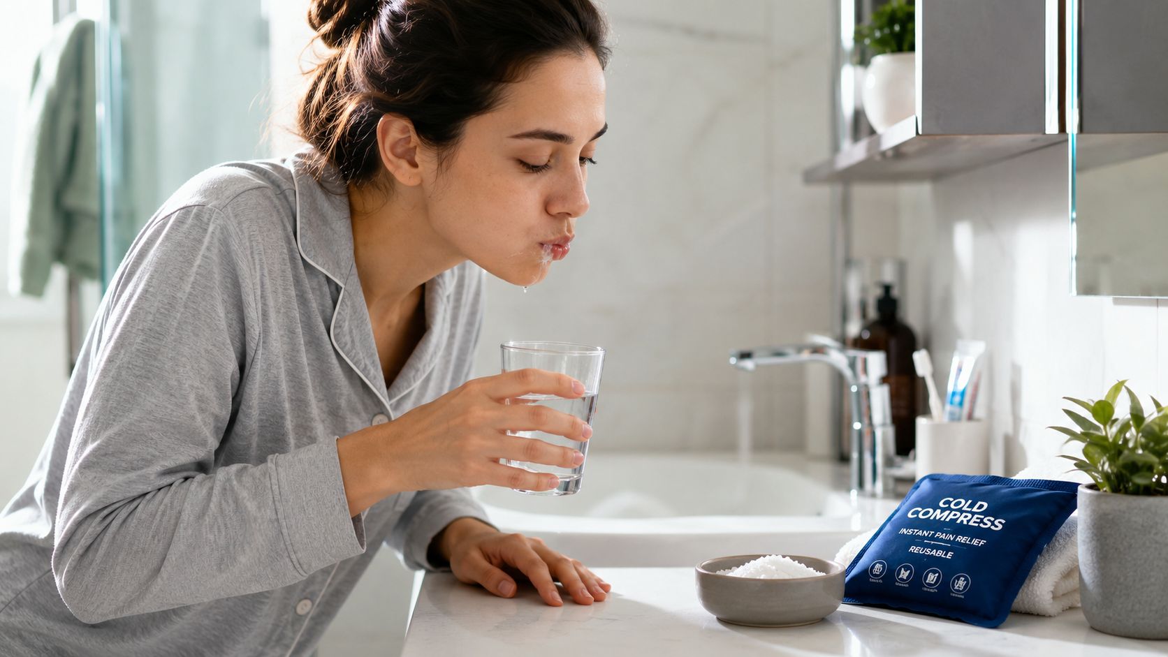 A woman in pajamas holding a glass of water, experiencing tooth pain at a bathroom vanity.