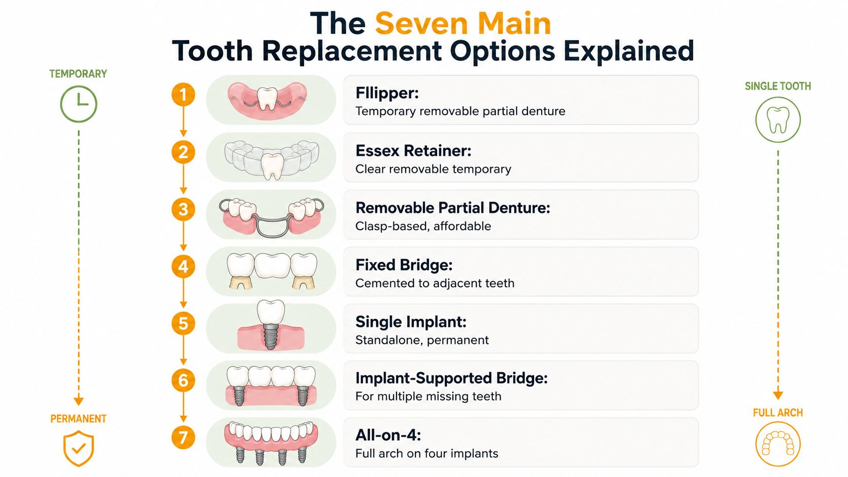 An infographic showing the seven main dental procedures for tooth replacement, ranging from temporary solutions to permanent implants.